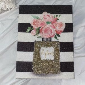 Perfume flower bottle wall art, glitter, pink/gold